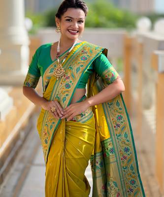 parrot green paithani silk blend woven meenakari jacquard saree 3