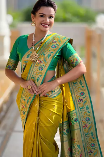 parrot green paithani silk blend woven meenakari jacquard saree