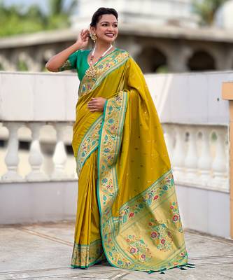 parrot green paithani silk blend woven meenakari jacquard saree 4