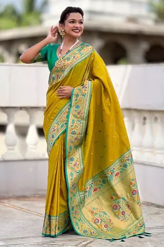 parrot green paithani silk blend woven meenakari jacquard saree
