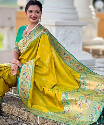 parrot green paithani silk blend woven meenakari jacquard saree 5