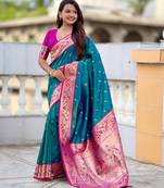 rama color paithani silk blend fabric woven meenakari jacquard saree