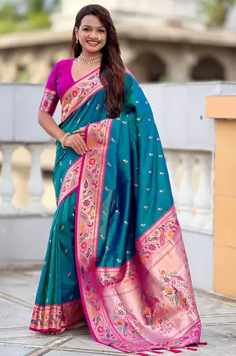 rama paithani silk blend woven meenakari jacquard saree