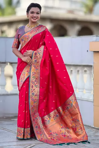 pink color paithani silk blend fabric woven meenakari jacquard designer saree