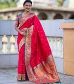 pink color paithani silk blend fabric woven meenakari jacquard saree