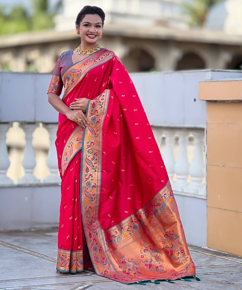 pink color paithani silk blend fabric woven meenakari jacquard designer saree