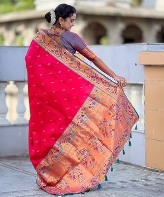 pink paithani silk blend woven meenakari jacquard saree 2