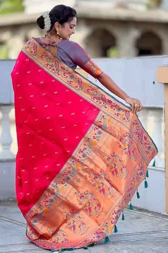 pink paithani silk blend woven meenakari jacquard saree