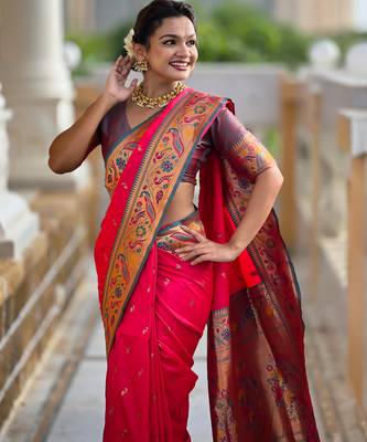 pink paithani silk blend woven meenakari jacquard saree 3