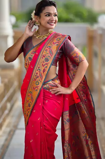 pink paithani silk blend woven meenakari jacquard saree