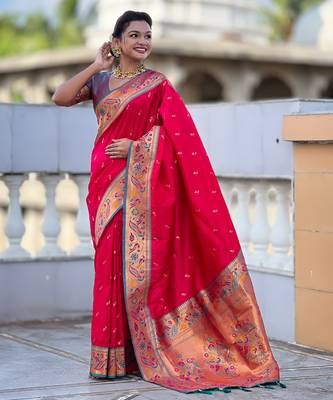 pink paithani silk blend woven meenakari jacquard saree 4