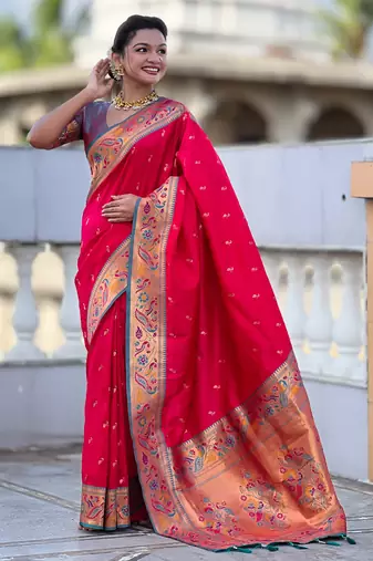 pink paithani silk blend woven meenakari jacquard saree
