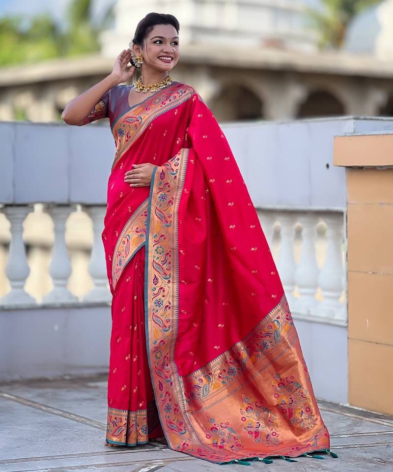 pink color paithani silk blend fabric woven meenakari jacquard designer saree