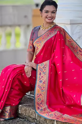 pink paithani silk blend woven meenakari jacquard saree