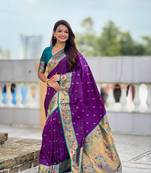 violet color paithani silk blend fabric woven meenakari jacquard saree