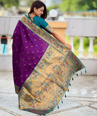 violet paithani silk blend woven meenakari jacquard saree 2
