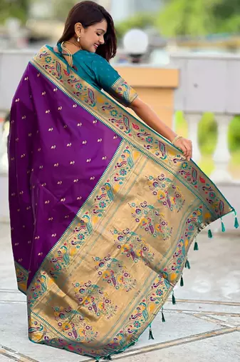 violet paithani silk blend woven meenakari jacquard saree