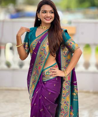 violet paithani silk blend woven meenakari jacquard saree 3