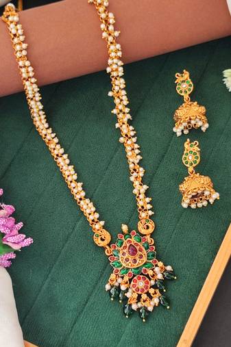 Handcrafted peacock pendant pearl necklace set for women