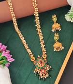 Handcrafted peacock pendant pearl necklace set for women