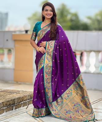 violet paithani silk blend woven meenakari jacquard saree 4