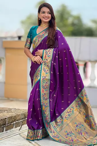 violet paithani silk blend woven meenakari jacquard saree