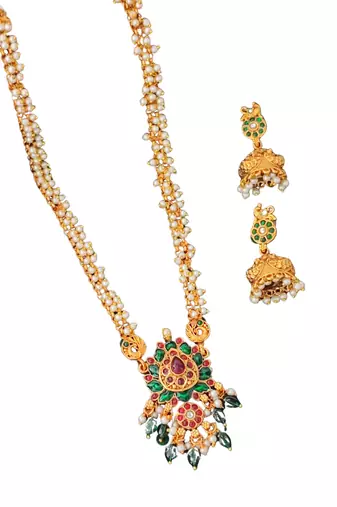 Handcrafted peacock pendant pearl necklace set for women