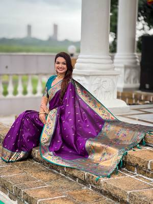 violet paithani silk blend woven meenakari jacquard saree 5