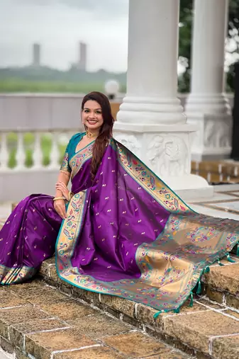 violet paithani silk blend woven meenakari jacquard saree
