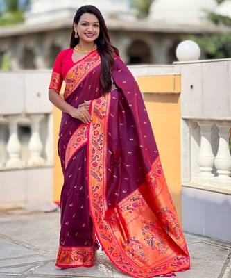 wine paithani silk blend woven meenakari jacquard saree 1