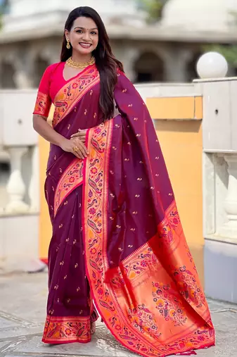 wine color paithani silk blend fabric woven meenakari jacquard designer saree