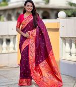 wine color paithani silk blend fabric woven meenakari jacquard saree