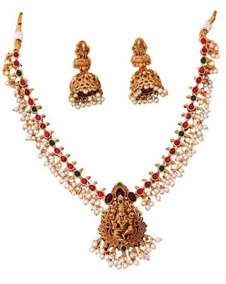 Gold plated lakshmi temple necklace with color stones 1