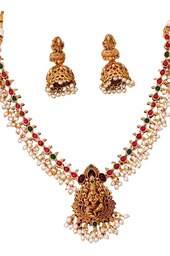 Gold plated lakshmi temple necklace with color stones