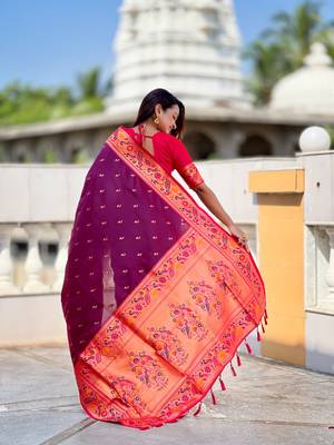 wine paithani silk blend woven meenakari jacquard saree 2