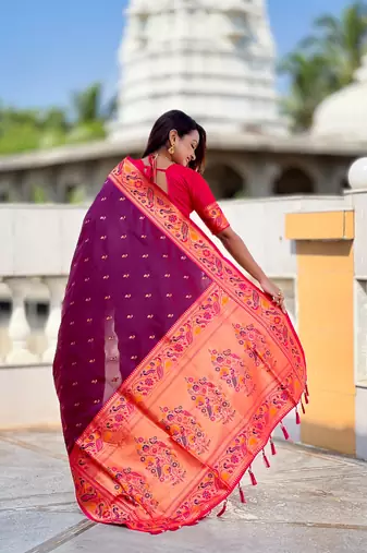 wine paithani silk blend woven meenakari jacquard saree