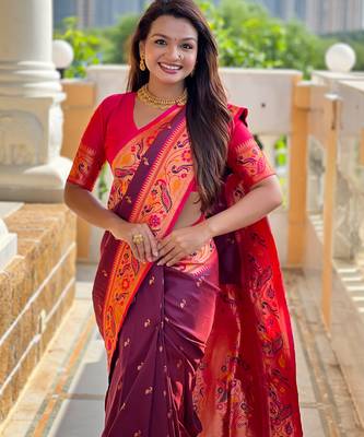 wine paithani silk blend woven meenakari jacquard saree 3