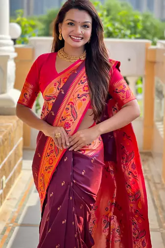wine paithani silk blend woven meenakari jacquard saree