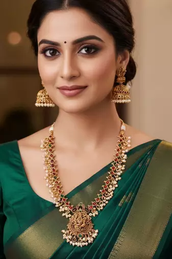 Gold plated lakshmi temple necklace with color stones