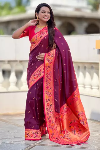 wine paithani silk blend woven meenakari jacquard saree