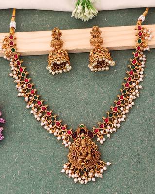Gold plated lakshmi temple necklace with color stones 5