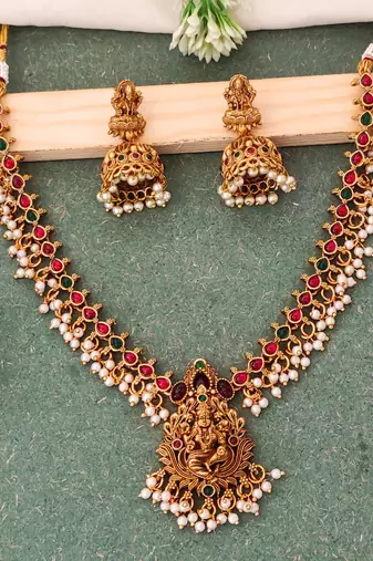 Gold plated lakshmi temple necklace with color stones