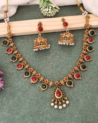 Traditional multi-stone temple necklace set with jhumka earrings 1