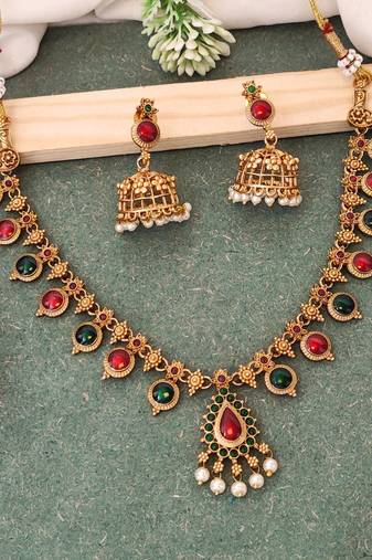 Traditional multi-stone temple necklace set with jhumka earrings