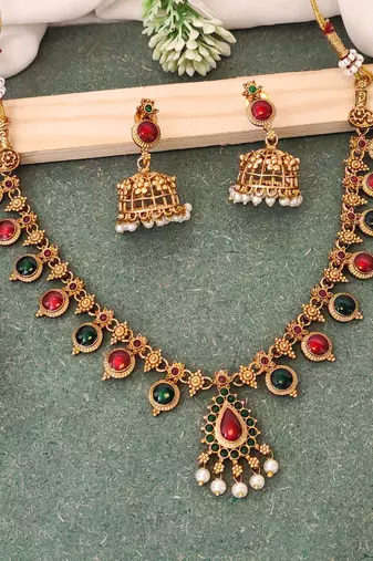 Traditional multi-stone temple necklace set with jhumka earrings