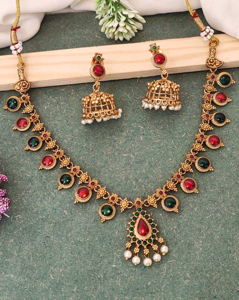 Traditional multi-stone temple necklace set with jhumka earrings