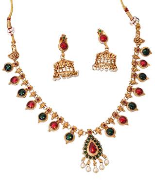 Traditional multi-stone temple necklace set with jhumka earrings 2