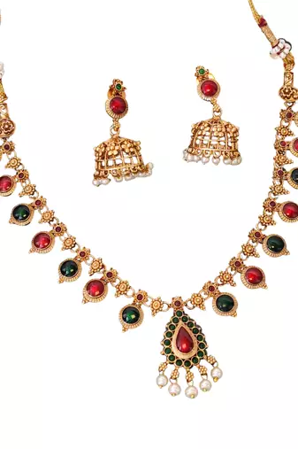 Traditional multi-stone temple necklace set with jhumka earrings