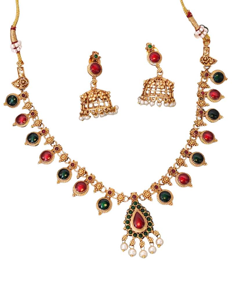Traditional multi-stone temple necklace set with jhumka earrings
