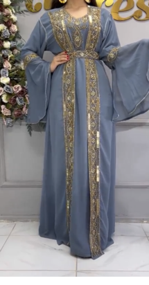 Grey Moroccan Kaftan with Heavy Golden Embroidery & Flared Sleeves 1